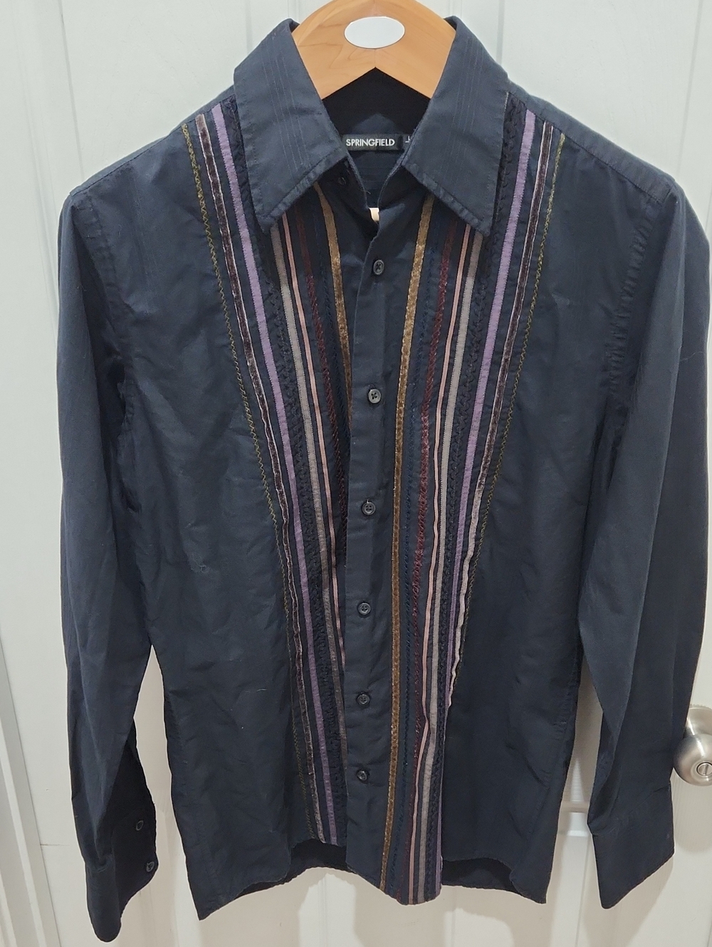 Vintage Retro European Men's Black Button-Down with Multicolor Stripe Detail